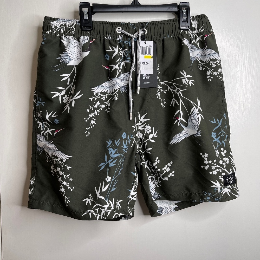ZEE GEE WHY Mens Army Green Print Swim Trunks Shorts Medium Elastic Waist Pants